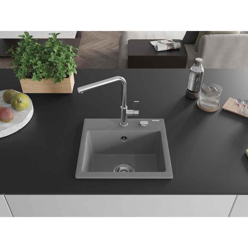 Mexen Milo 1-Bowl Granite Sink with Flora Kitchen Faucet, Gray - 6505-71-670401-00