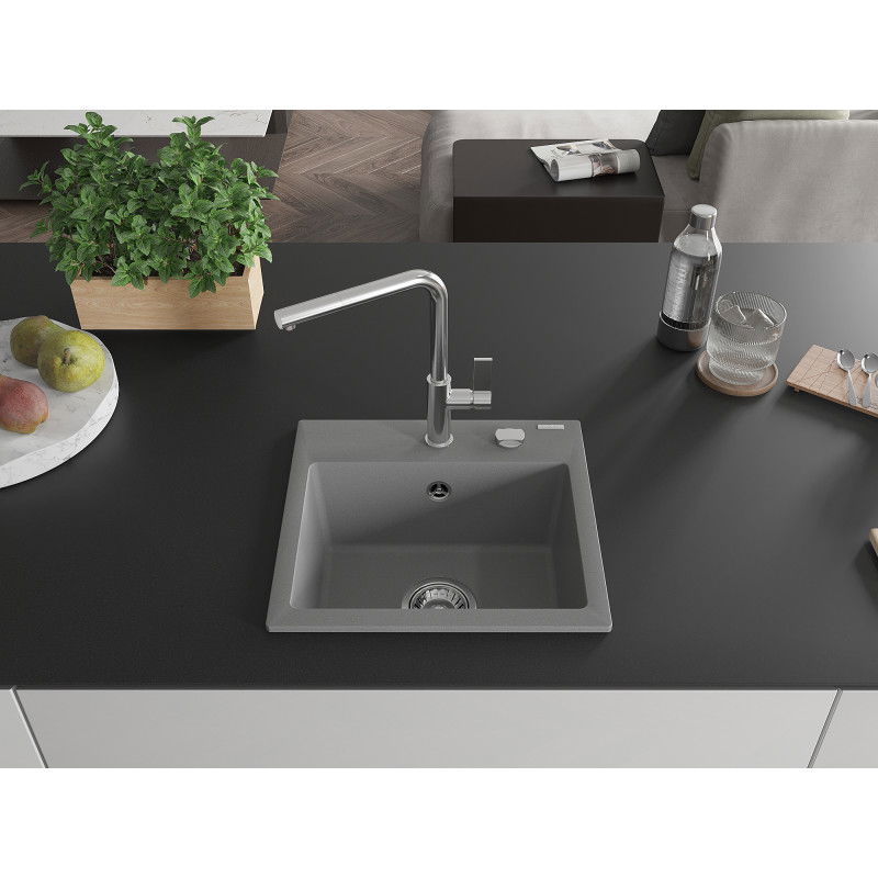 Mexen Milo granite sink 1-bowl with Flora kitchen tap, grey - 6505-71-670401-00