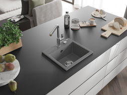 Mexen Milo granite single-bowl sink with Flora kitchen faucet, gray - 6505-71-670401-00