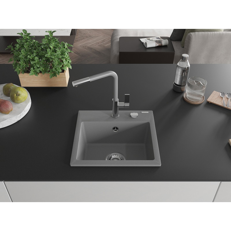 Mexen Milo granite kitchen sink single-bowl with Flora kitchen faucet, gray - 6505-71-670401-06