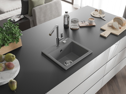 Mexen Milo 1-compartment granite sink with a kitchen mixer tap Flora, Grey - 6505-71-670401-06