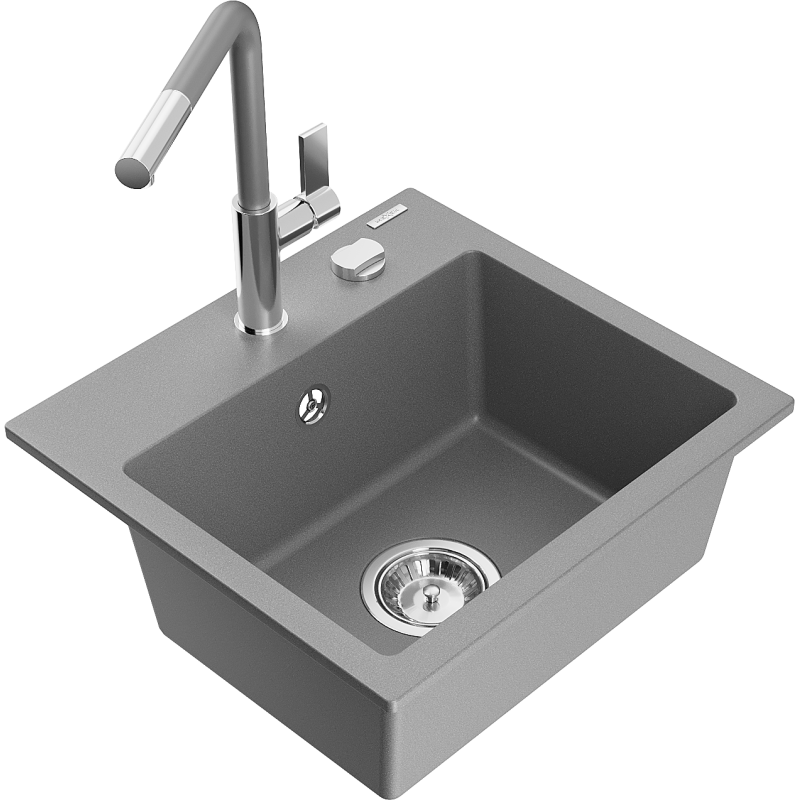 Mexen Milo 1-bowl Granite Sink with Flora Kitchen Tap, Grey - 6505-71-670401-06