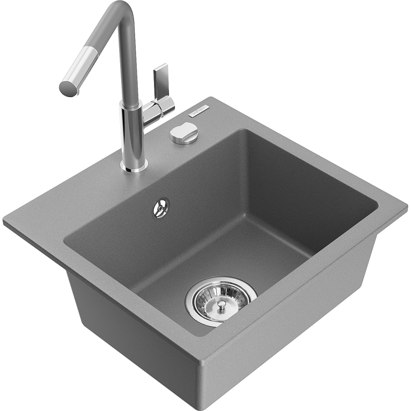Mexen Milo 1-compartment granite sink with a kitchen mixer tap Flora, Grey - 6505-71-670401-06
