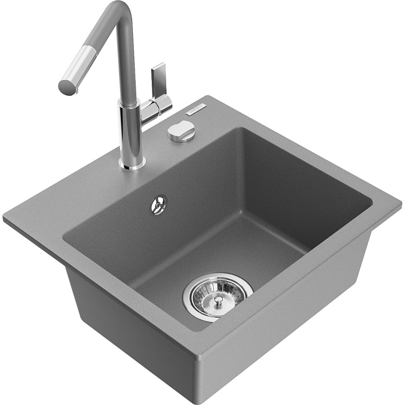 Mexen Milo granite kitchen sink single-bowl with Flora kitchen faucet, gray - 6505-71-670401-06