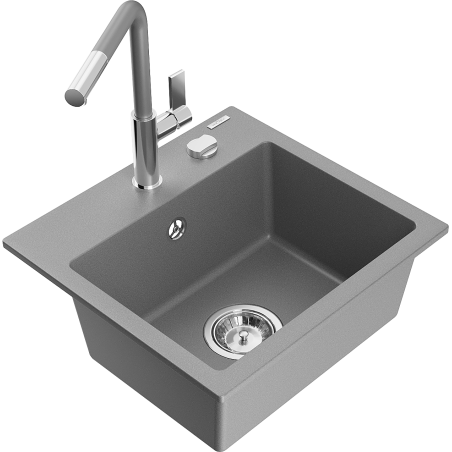 Mexen Milo 1-bowl Granite Sink with Flora Kitchen Tap, Grey - 6505-71-670401-06