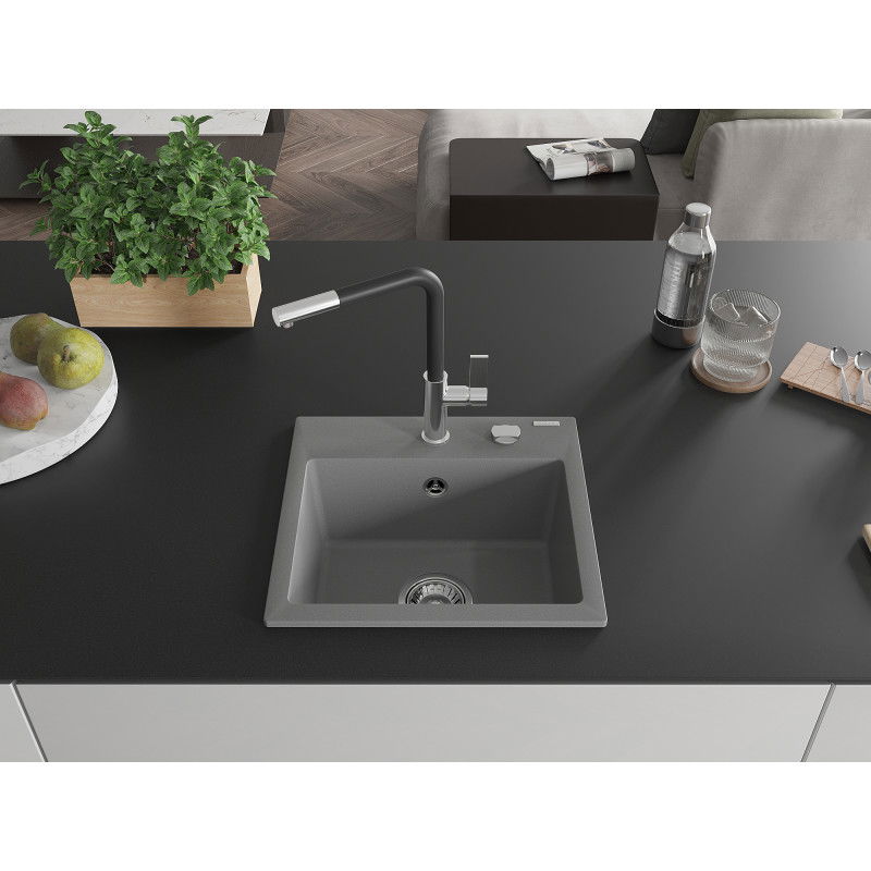 Mexen Milo 1-bowl granite sink with Flora kitchen tap, grey - 6505-71-670401-07