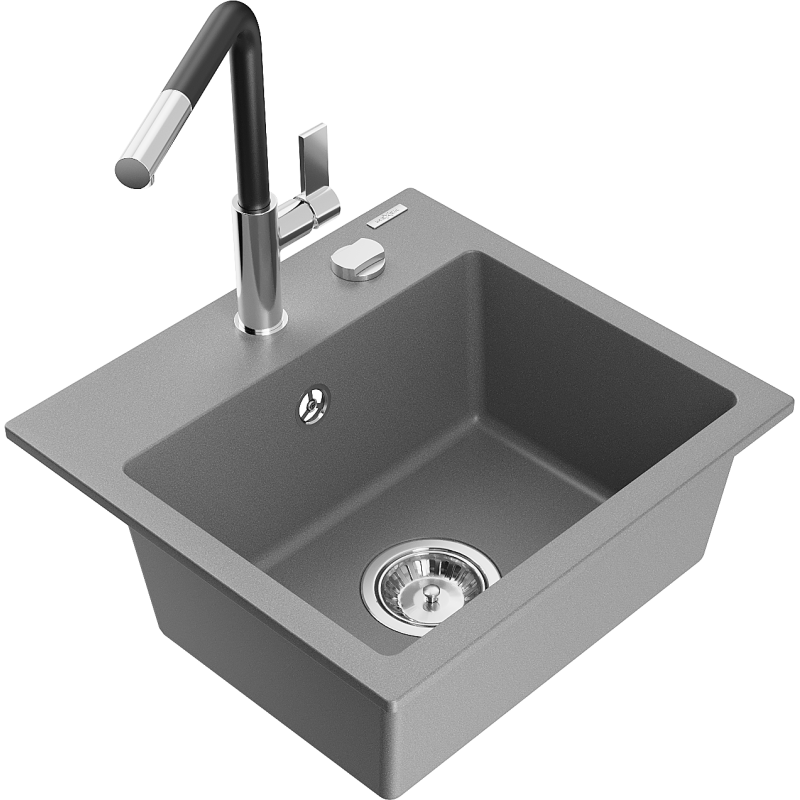 Mexen Milo 1-bowl granite sink with Flora kitchen tap, grey - 6505-71-670401-07