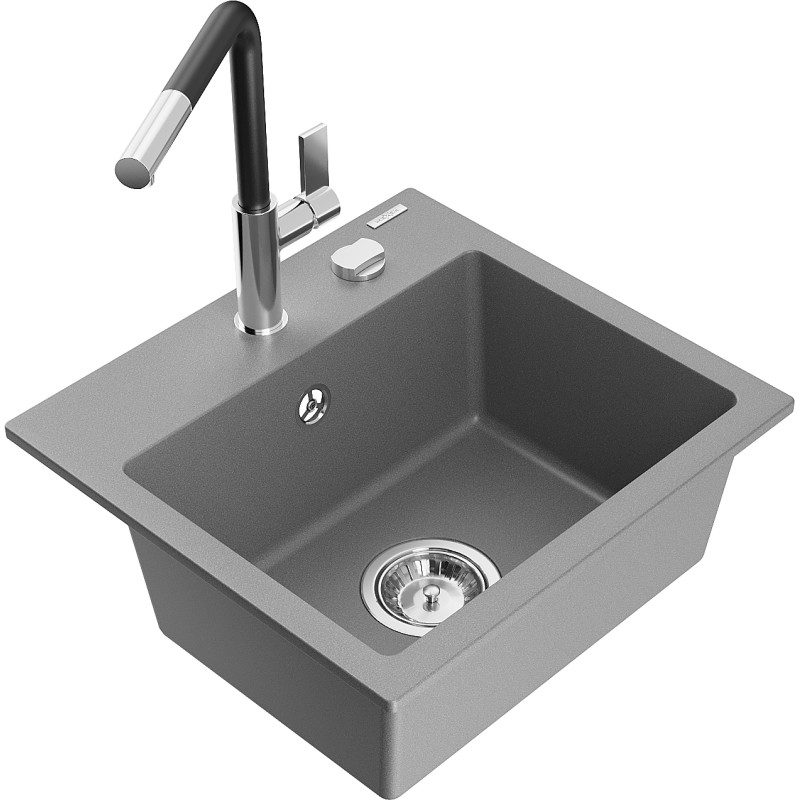 Mexen Milo granite kitchen sink with 1 chamber and Flora kitchen faucet, gray - 6505-71-670401-07