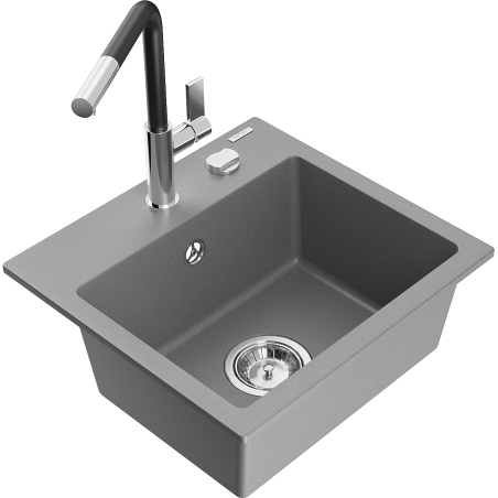 Mexen Milo 1-bowl granite sink with Flora kitchen faucet, gray - 6505-71-670401-07