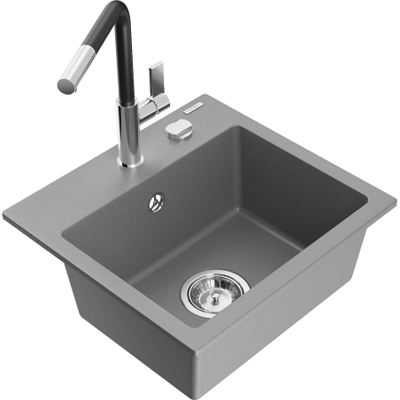 Mexen Milo 1-bowl granite sink with Flora kitchen tap, grey - 6505-71-670401-07