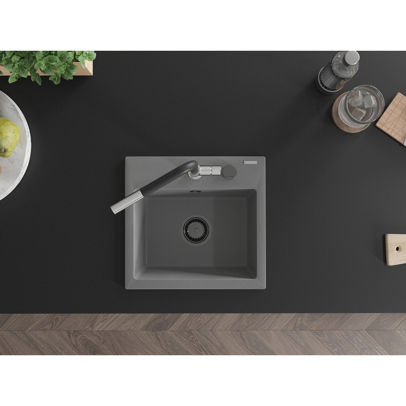 Mexen Milo granite kitchen sink 1-bowl with Flora kitchen faucet, gray - 6505-71-670401-07-B