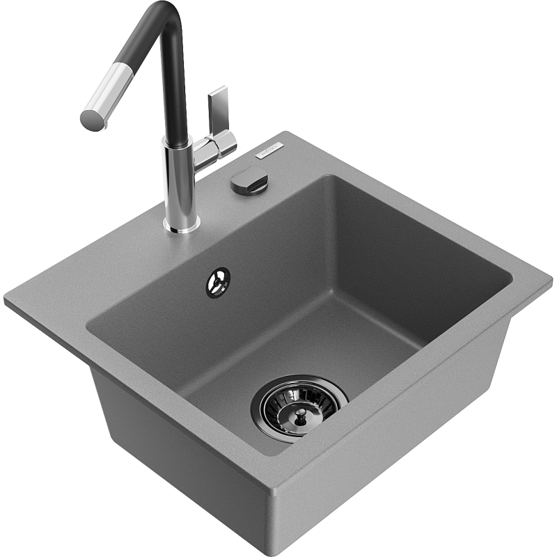 Mexen Milo 1-bowl granite kitchen sink with Flora kitchen tap, grey - 6505-71-670401-07-B