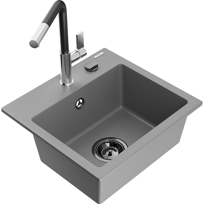 Mexen Milo 1-compartment granite sink with a kitchen mixer tap Flora, Grey - 6505-71-670401-07-B