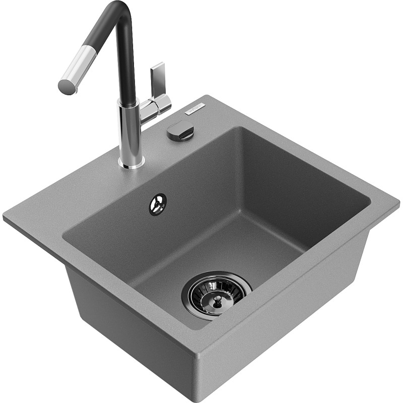 Mexen Milo single-bowl granite sink with Flora kitchen faucet, gray - 6505-71-670401-07-B
