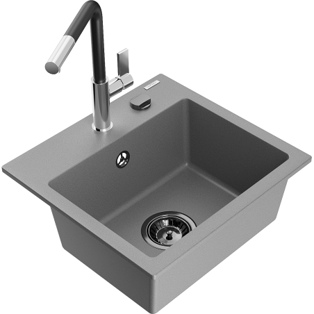 Mexen Milo 1-bowl granite kitchen sink with Flora kitchen tap, grey - 6505-71-670401-07-B