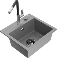 Mexen Milo single-bowl granite sink with Flora kitchen faucet, gray - 6505-71-670401-07-B