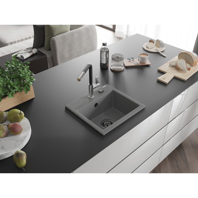 Mexen Milo granite kitchen sink 1-bowl with Flora kitchen faucet, gray - 6505-71-670401-07-B