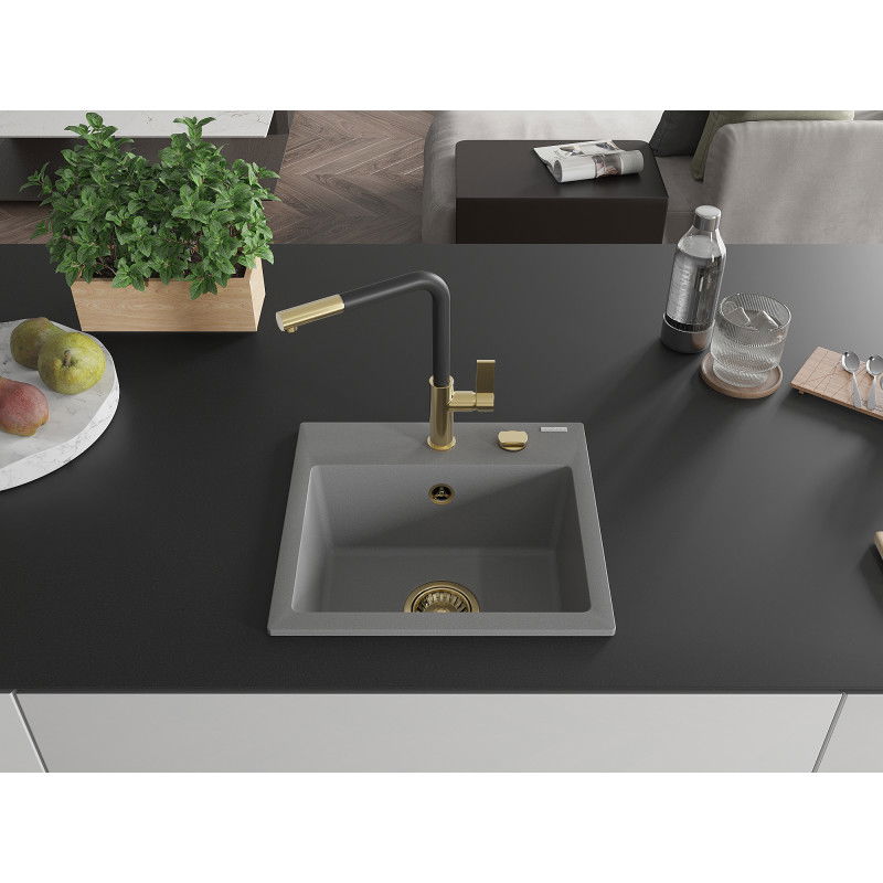 Mexen Milo 1-bowl granite kitchen sink with Flora tap, grey - 6505-71-670401-57-G