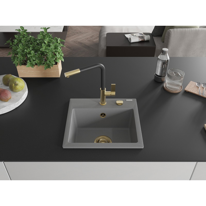 Mexen Milo single-bowl granite kitchen sink with Flora faucet, gray - 6505-71-670401-57-G