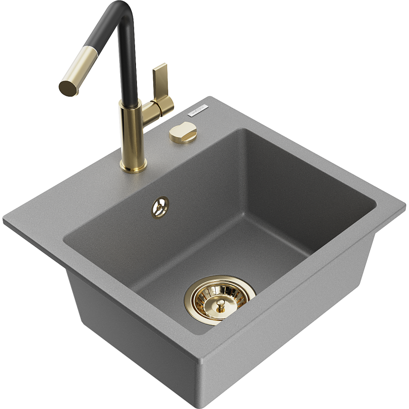 Mexen Milo 1-bowl granite kitchen sink with Flora tap, grey - 6505-71-670401-57-G