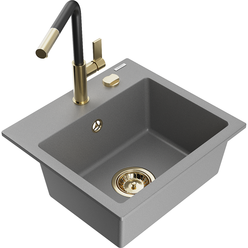 Mexen Milo 1-compartment granite sink with a kitchen mixer tap Flora, Grey - 6505-71-670401-57-G