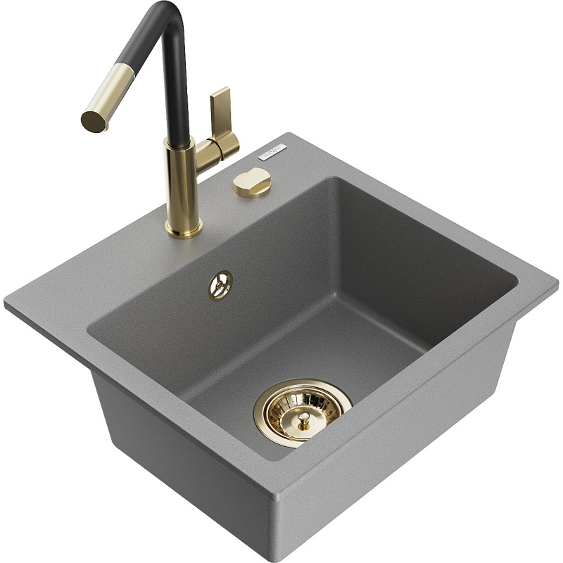 Mexen Milo granite single-bowl kitchen sink with Flora faucet, gray - 6505-71-670401-57-G
