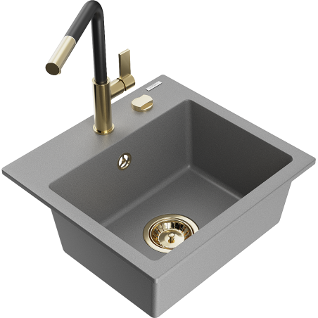 Mexen Milo 1-bowl granite kitchen sink with Flora tap, grey - 6505-71-670401-57-G