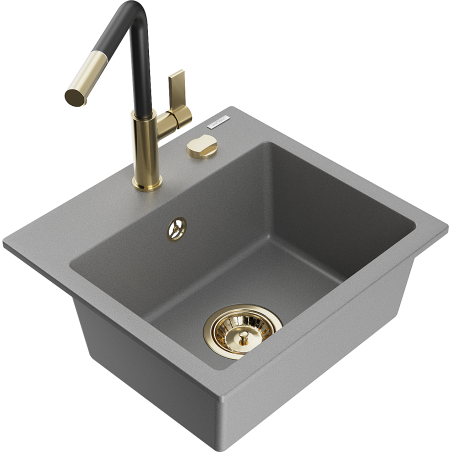 Mexen Milo 1-compartment granite sink with a kitchen mixer tap Flora, Grey - 6505-71-670401-57-G