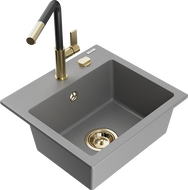 Mexen Milo 1-bowl granite kitchen sink with Flora tap, grey - 6505-71-670401-57-G