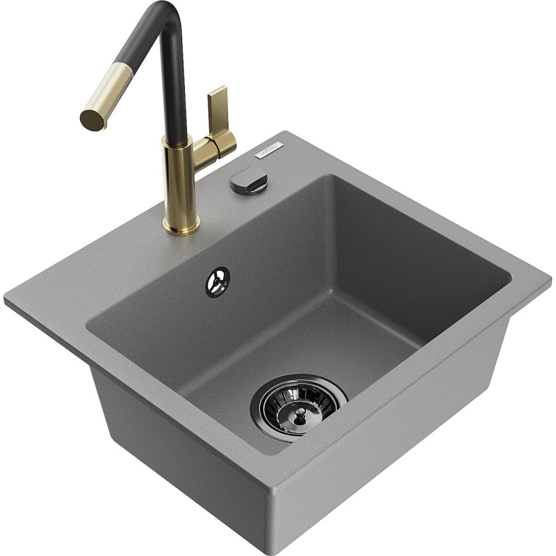 Mexen Milo 1-bowl granite sink with Flora kitchen faucet, gray - 6505-71-670401-57-B