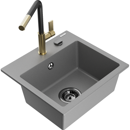 Mexen Milo 1-compartment granite sink with a kitchen mixer tap Flora, Grey - 6505-71-670401-57-B