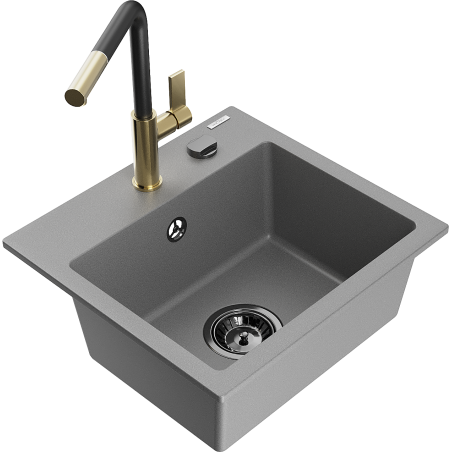 Mexen Milo granite kitchen sink 1-bowl with Flora kitchen tap, grey - 6505-71-670401-57-B