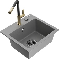 Mexen Milo 1-bowl granite sink with Flora kitchen faucet, gray - 6505-71-670401-57-B