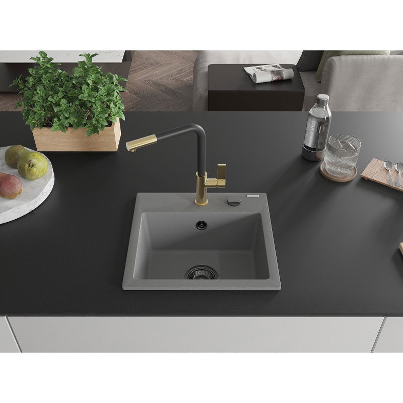 Mexen Milo granite kitchen sink 1-bowl with Flora kitchen tap, grey - 6505-71-670401-57-B