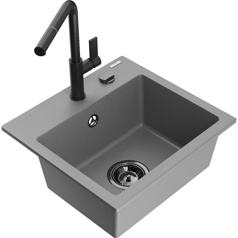 Mexen Milo 1-bowl granite sink with Flora kitchen faucet, gray - 6505-71-670401-70-B
