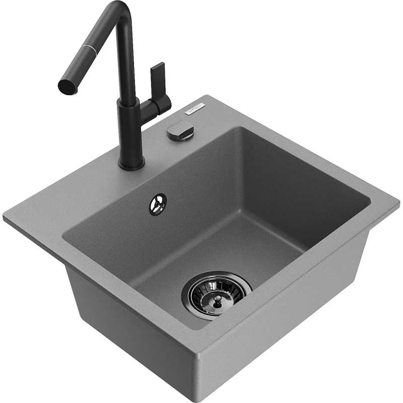 Mexen Milo single-bowl granite sink with Flora kitchen tap, grey - 6505-71-670401-70-B