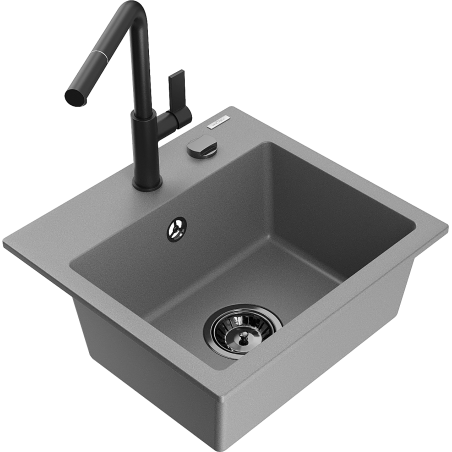 Mexen Milo 1-compartment granite sink with a kitchen mixer tap Flora, Grey - 6505-71-670401-70-B