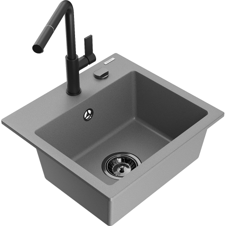 Mexen Milo single-bowl granite sink with Flora kitchen tap, grey - 6505-71-670401-70-B