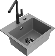 Mexen Milo 1-compartment granite sink with a kitchen mixer tap Flora, Grey - 6505-71-670401-70-B