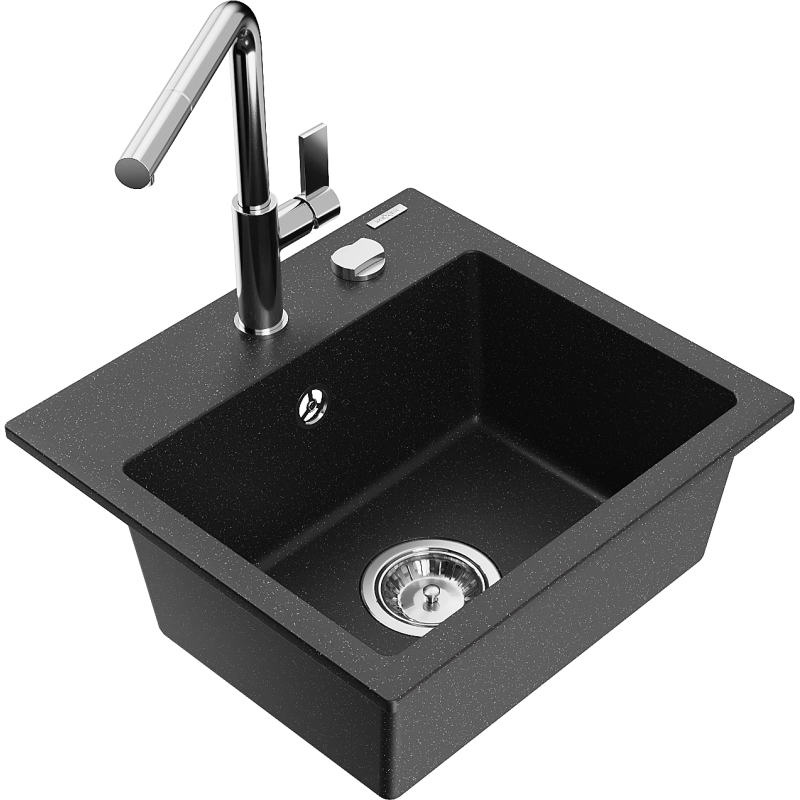 Mexen Milo 1-compartment granite sink with a kitchen mixer tap Flora, Black/Silver metallic - 6505-73-670401-00