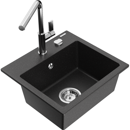 Mexen Milo 1-bowl granite sink with Flora kitchen faucet, black/silver metallic - 6505-73-670401-00
