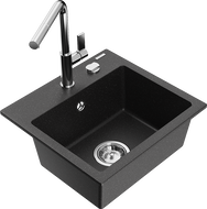 Mexen Milo 1-bowl granite sink with Flora kitchen tap, black/silver metallic - 6505-73-670401-00