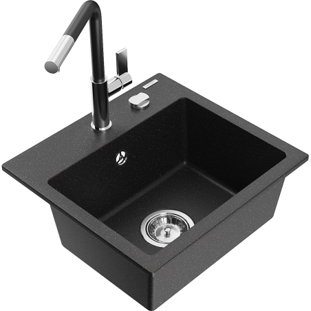 Mexen Milo granite sink single-bowl with Flora kitchen tap, black/silver metallic - 6505-73-670401-07