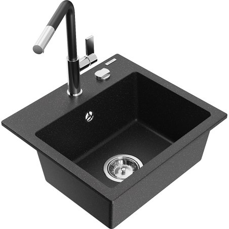 Mexen Milo single-bowl granite sink with Flora kitchen faucet, black/silver metallic - 6505-73-670401-07