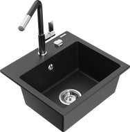 Mexen Milo single-bowl granite sink with Flora kitchen faucet, black/silver metallic - 6505-73-670401-07