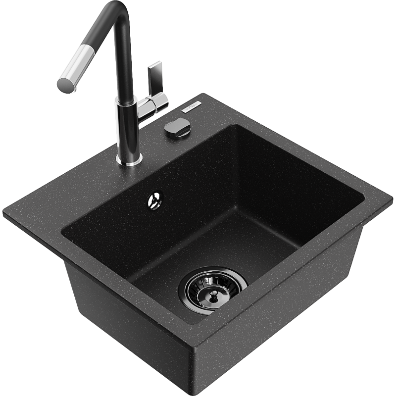 Mexen Milo granite sink 1-bowl with Flora kitchen tap, black/silver metallic - 6505-73-670401-07-B