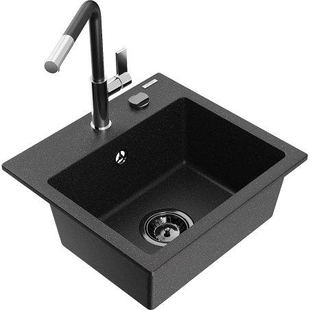 Mexen Milo granite kitchen sink 1-bowl with Flora faucet, black/silver metallic - 6505-73-670401-07-B
