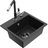 Mexen Milo granite kitchen sink 1-bowl with Flora faucet, black/silver metallic - 6505-73-670401-07-B