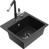 Mexen Milo granite sink 1-bowl with Flora kitchen tap, black/silver metallic - 6505-73-670401-07-B