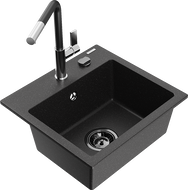 Mexen Milo granite kitchen sink 1-bowl with Flora faucet, black/silver metallic - 6505-73-670401-07-B